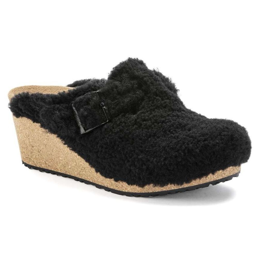 NWT Papillio Fanny Teddy Shearling Black Clog Wedge Mule Heeled Shoe Birkenstock